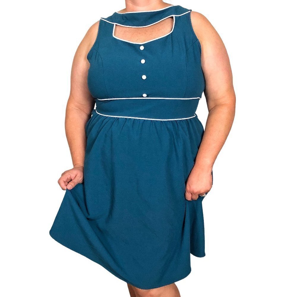 PLUS Size Retro Vintage Inspired Teal & White Halter Dress by Folter (3X)